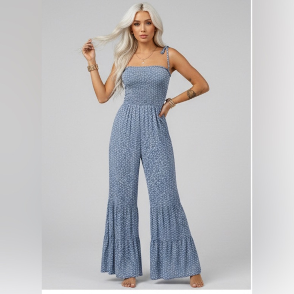 Boho Ditsy Floral Shirred Wide Leg Jumpsuit Blue